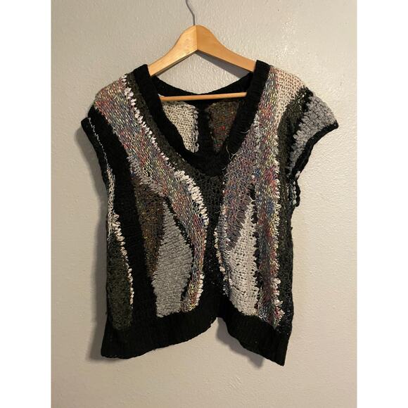 Chunky Knit Sweater Womens Large Multicolor Patchwork Short Sleeve Art to Wear - Picture 1 of 6